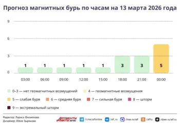 Прогноз магнитных бурь по часам на 13 марта 2026 года. Инфографика