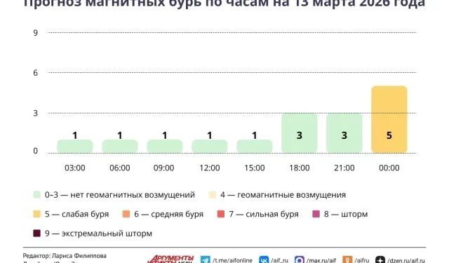 Прогноз магнитных бурь по часам на 13 марта 2026 года. Инфографика