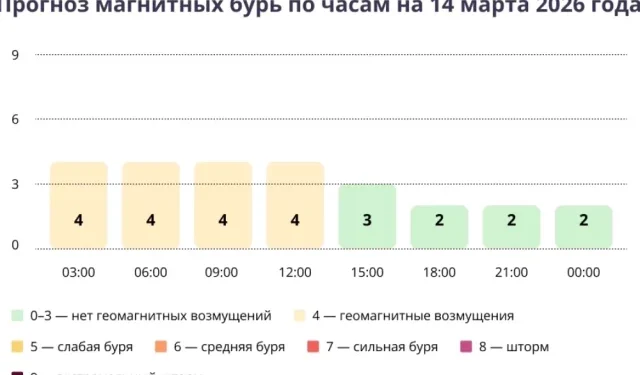 Прогноз магнитных бурь по часам на 14 марта 2026 года. Инфографика