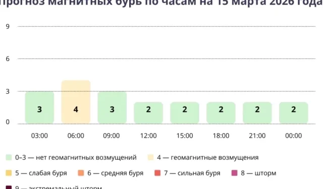 Прогноз магнитных бурь по часам на 15 марта 2026 года. Инфографика