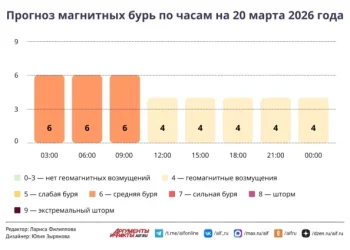 Прогноз магнитных бурь по часам на 20 марта 2026 года. Инфографика
