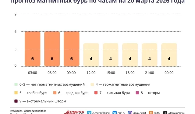 Прогноз магнитных бурь по часам на 20 марта 2026 года. Инфографика