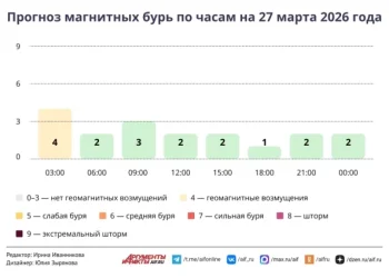 Прогноз магнитных бурь по часам на 27 марта 2026 года. Инфографика