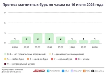 Прогноз магнитных бурь по часам на 16 июня 2026 года. Инфографика